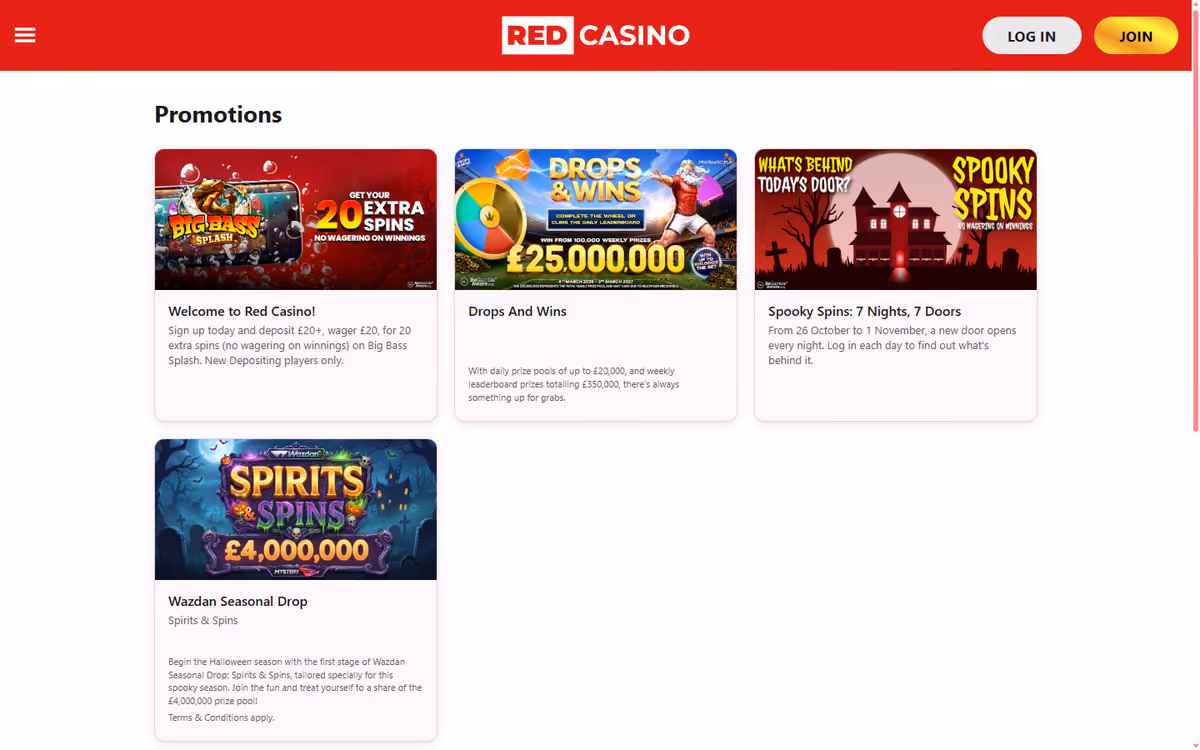 Red Casino promotions page with the welcome tile and the network's seasonal promotions
