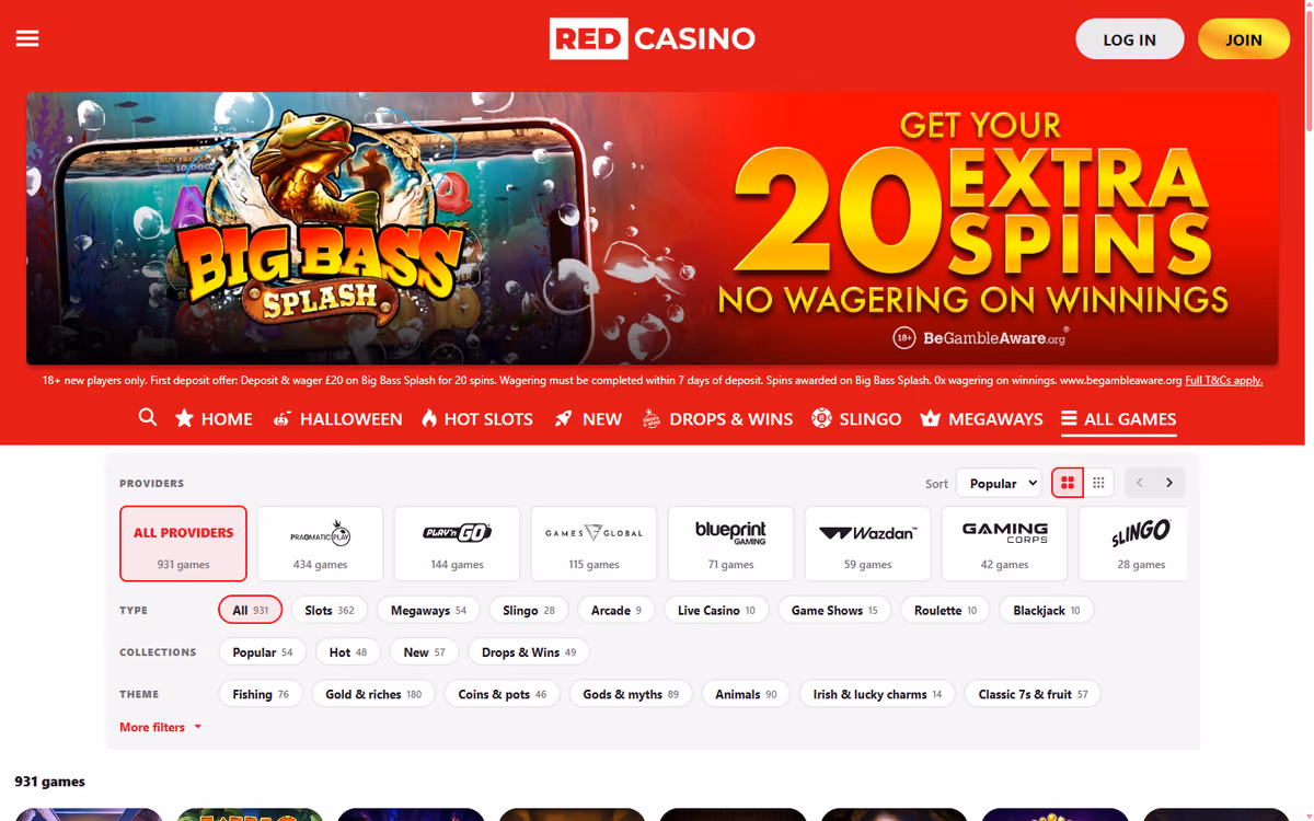 Red Casino games page with the same nine-studio provider filter as its sister brands