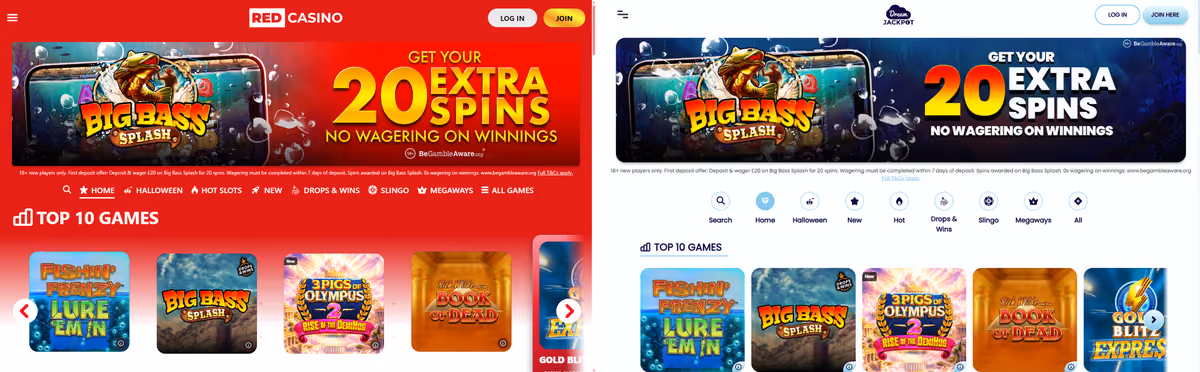 Red Casino and Dream Jackpot homepages side by side with identical banners and identical game rows
