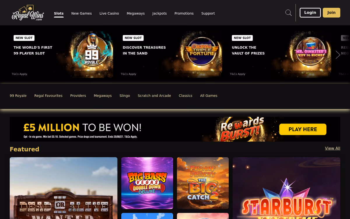 Regal Wins slots lobby with Megaways and jackpot categories