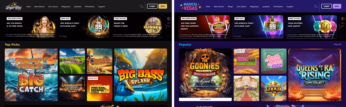Regal Wins beside Magical Vegas, two Rank Interactive casinos on one build