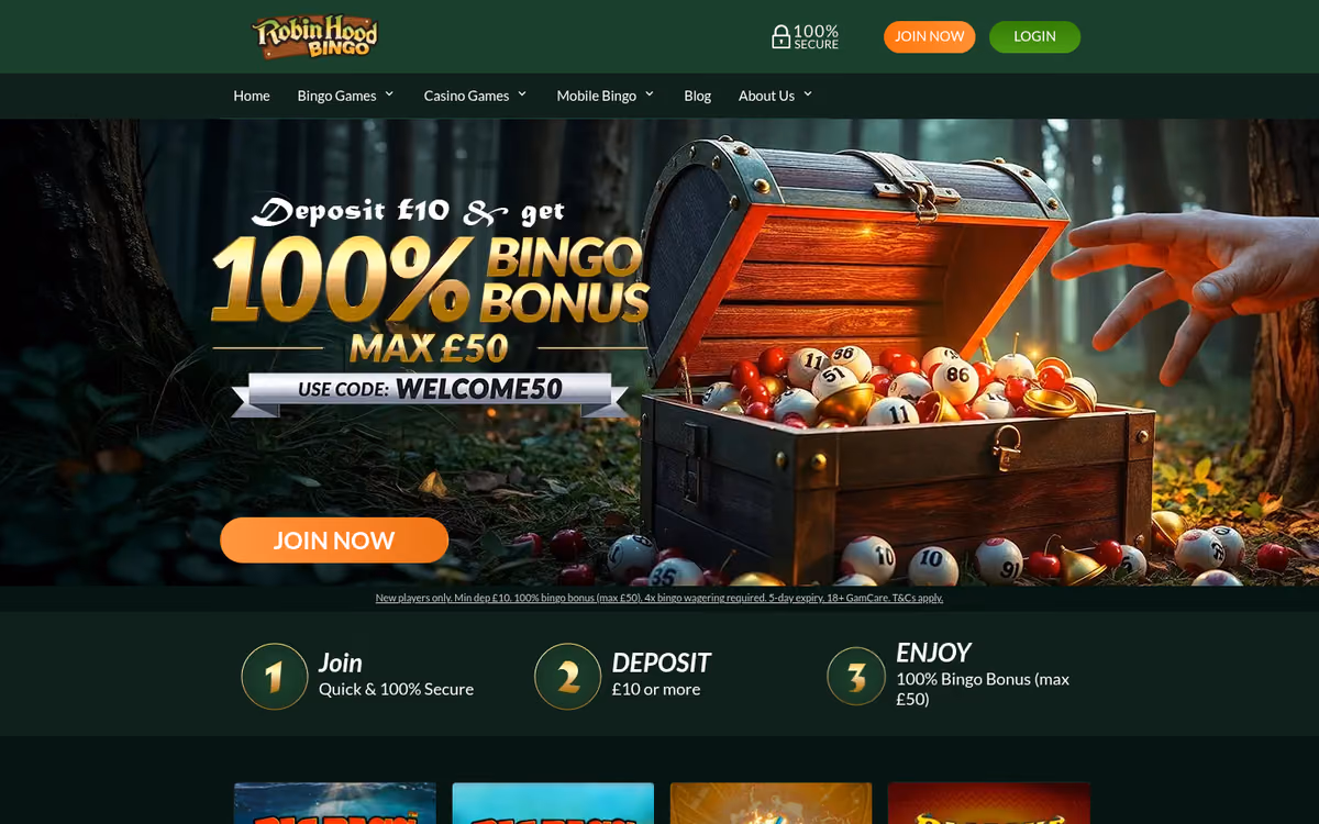 Robin Hood Bingo homepage showing a 100% bingo bonus up to £50 with a deposit code