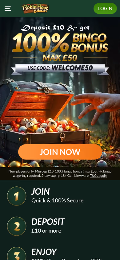 Robin Hood Bingo homepage on a mobile viewport