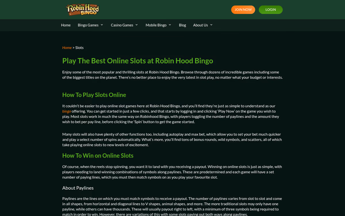 Robin Hood Bingo slots page showing an article about playing slots