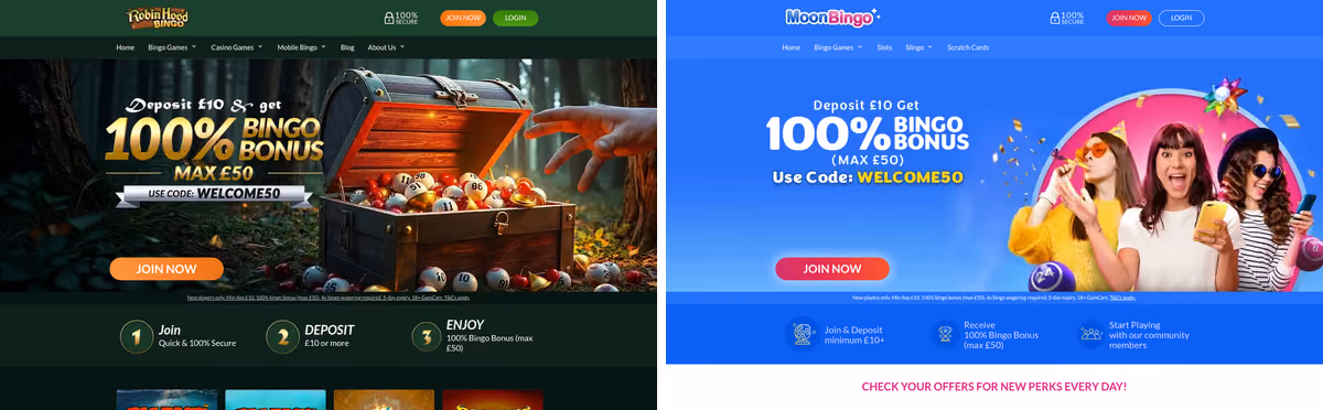 Robin Hood Bingo and Moon Bingo homepages side by side