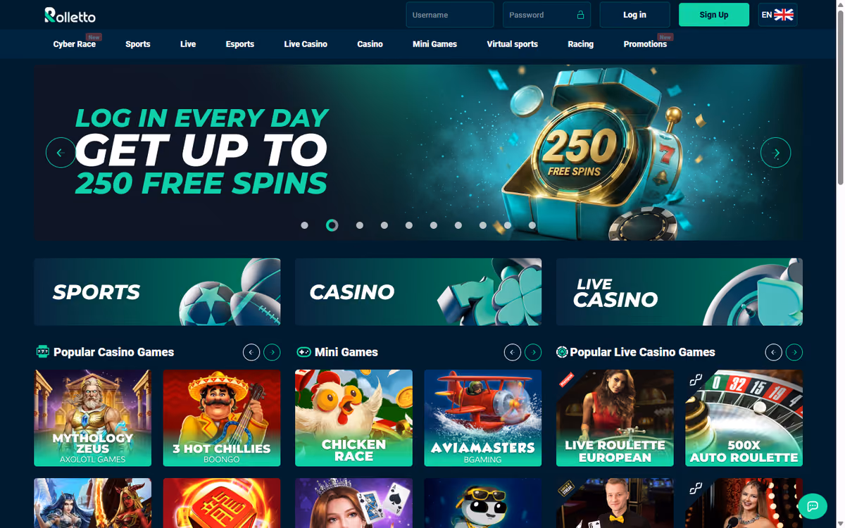 Rolletto homepage showing the Weekend Spin Market promotion with Sports, Casino and Live Casino tiles and popular casino games