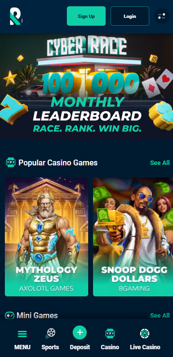 Rolletto mobile homepage showing the Cyber Race 100,000 monthly leaderboard above the popular casino games rail