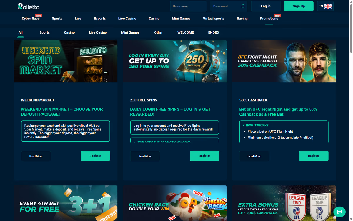 Rolletto promotions page showing the Weekend Spin Market, 250 daily login free spins, 50% UFC cashback and the 3+1 freebet