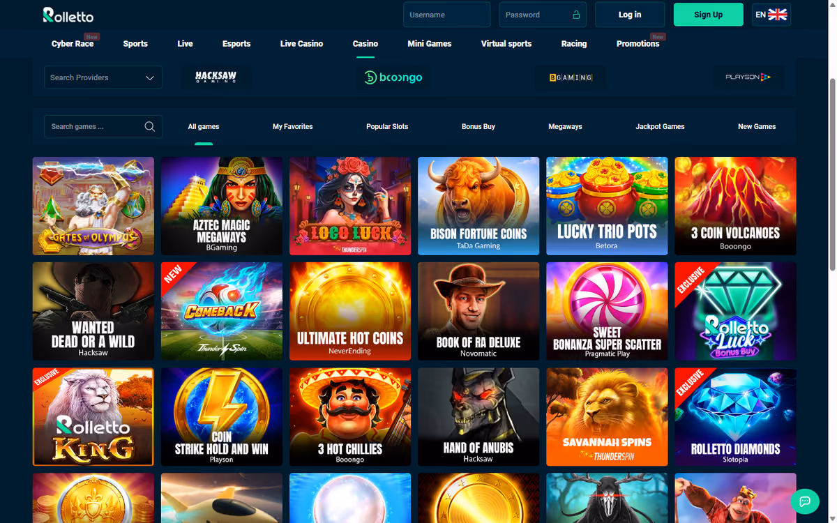 Rolletto casino lobby showing Rolletto Luck, Rolletto King and Rolletto Diamonds branded exclusive slots alongside Hacksaw and BGaming titles
