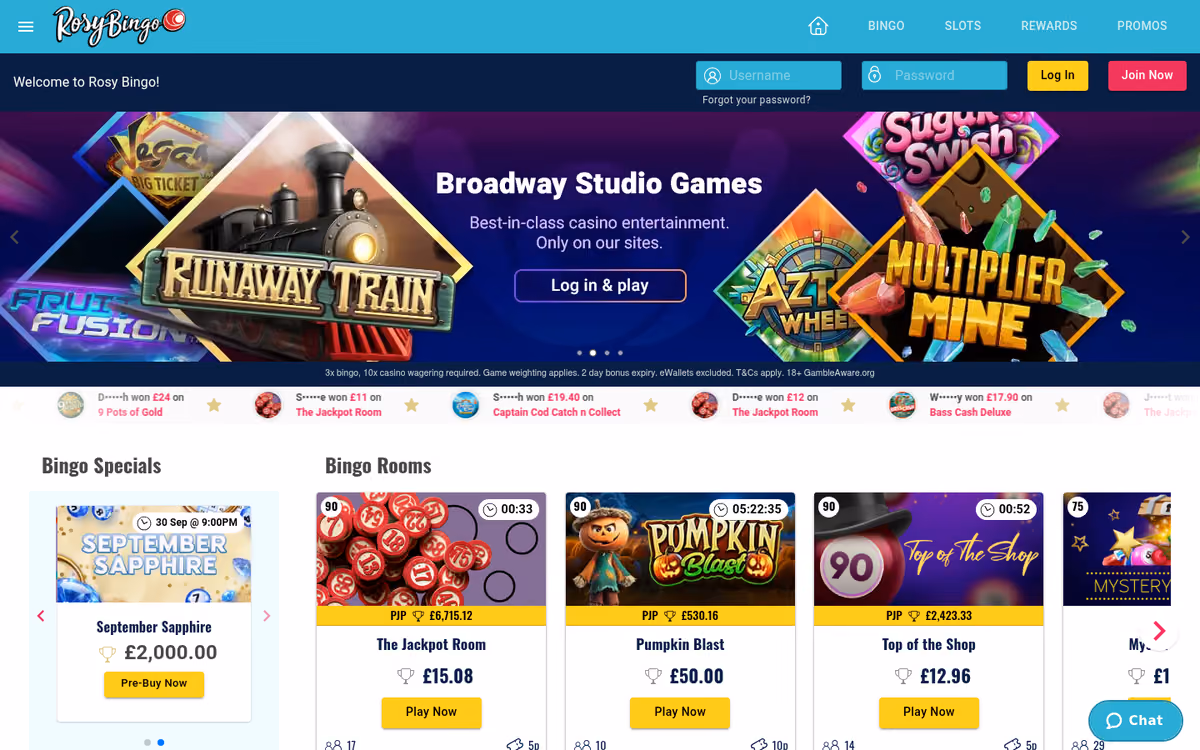 Rosy Bingo homepage showing the Broadway Studio Games banner and the bingo rooms