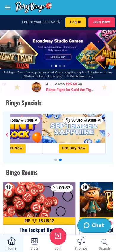 Rosy Bingo on a mobile viewport showing Bingo Specials and Bingo Rooms