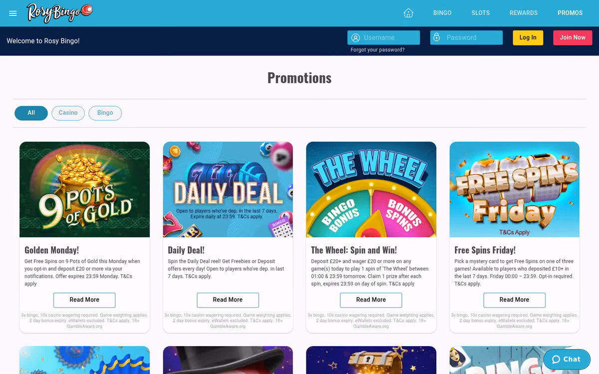Rosy Bingo promotions page including The Wheel: Spin and Win