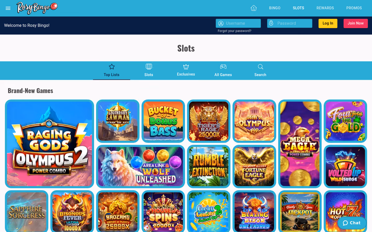 Rosy Bingo slots lobby with the Brand-New Games row