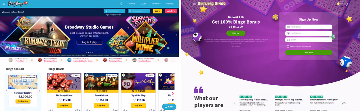 Rosy Bingo and Butlers Bingo homepages side by side