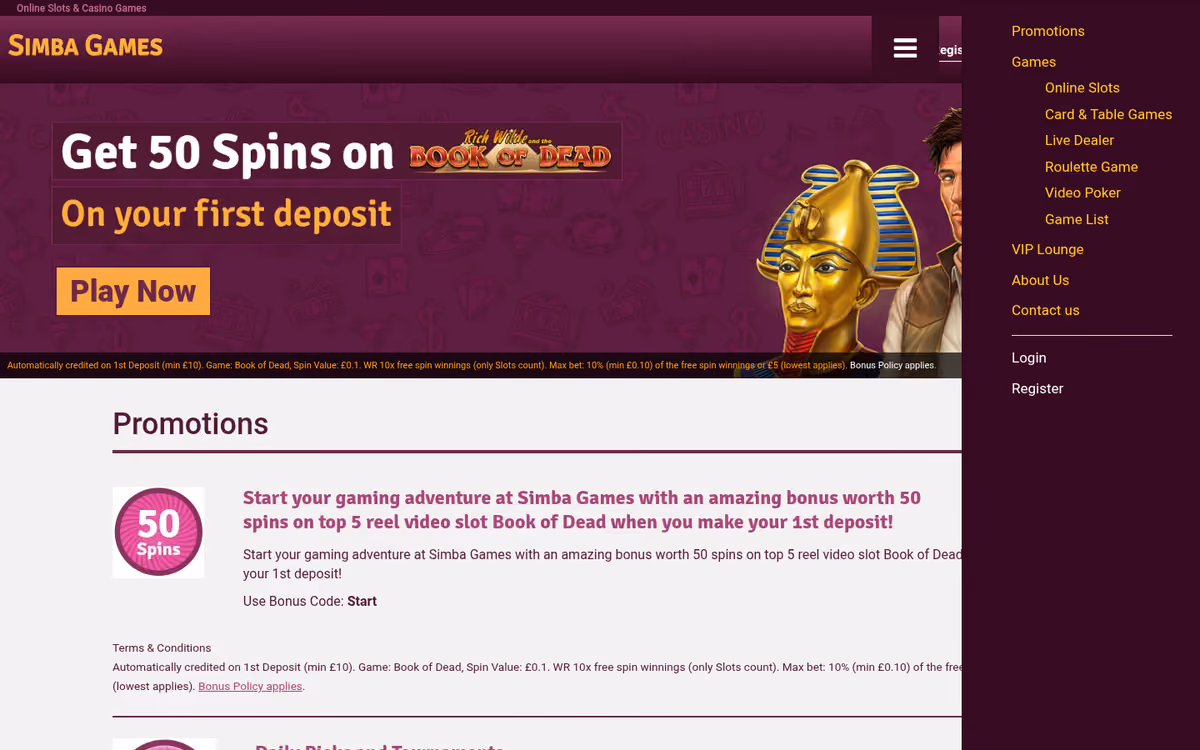 Simba Games promotions page showing the welcome offer and its wagering terms