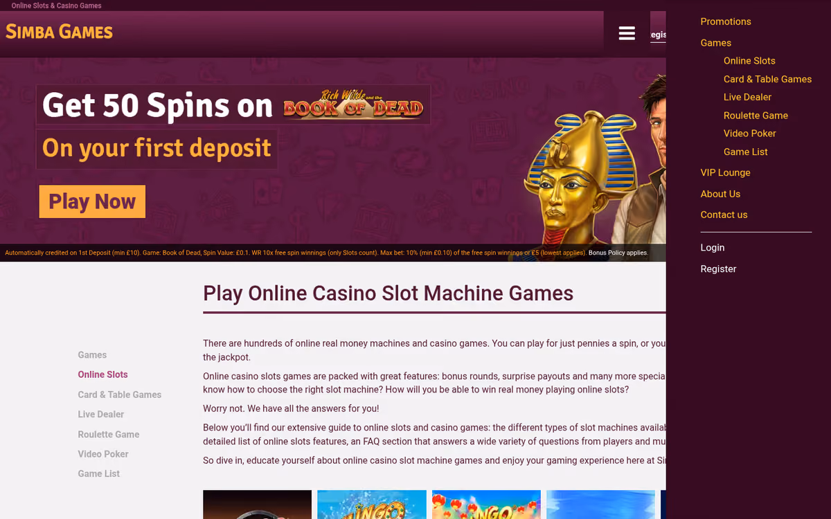 Simba Games slots lobby showing the online slots shelf