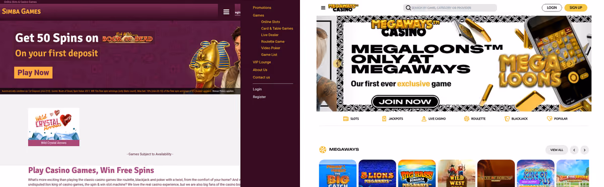 Simba Games sister sites proof: Simba Games beside Megaways Casino, two Skill On Net brands on one licence