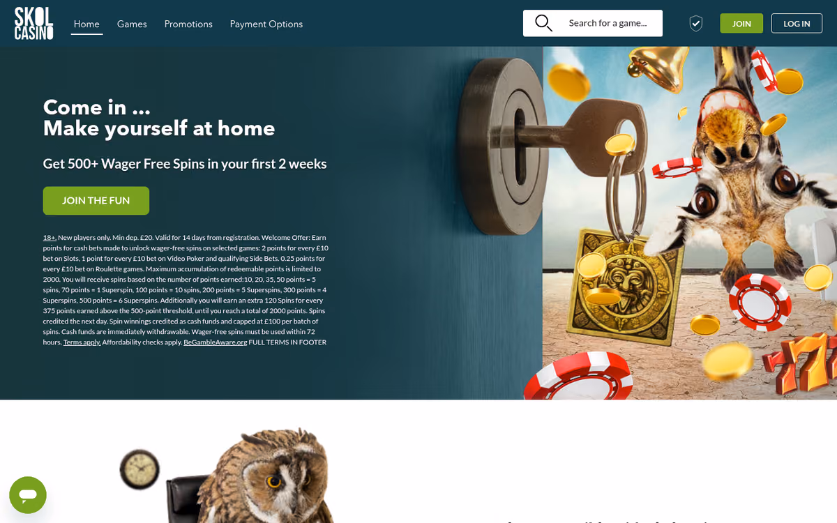 Skol Casino homepage in teal with an owl and giraffe illustration and a headline offering 500 plus wager free spins