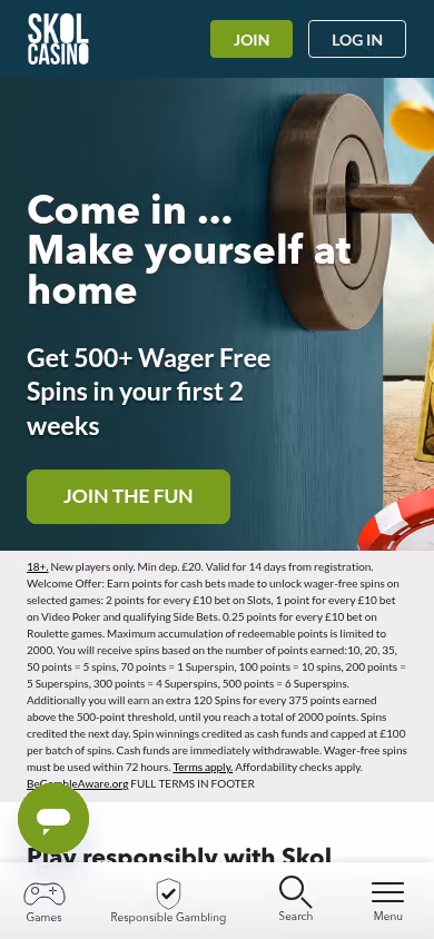 Skol Casino homepage at mobile width