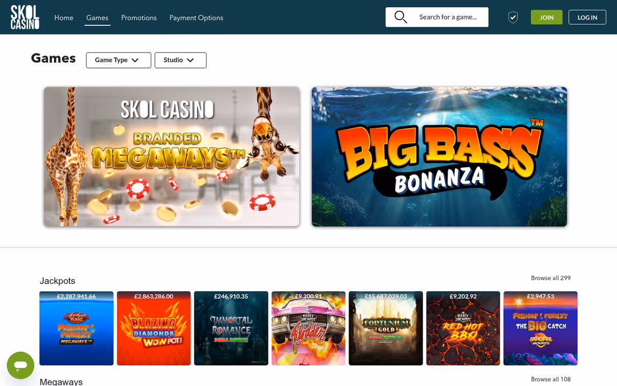 Skol Casino games page with Game Type and Studio filters, a branded Megaways banner, and a jackpots row showing live prize values