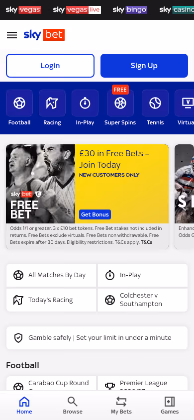 Sky Bet homepage on mobile showing the £30 in free bets offer and sports navigation