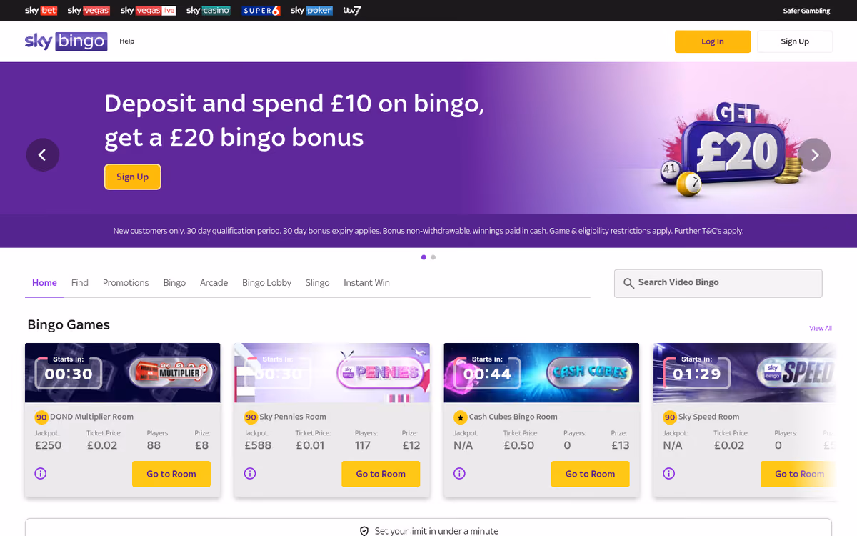 Sky Bingo homepage showing the £20 bingo bonus offer and live bingo rooms
