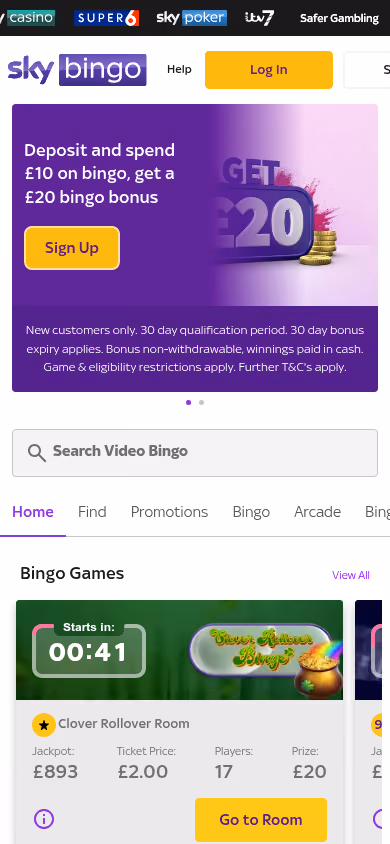 Sky Bingo homepage on mobile showing the bingo bonus offer