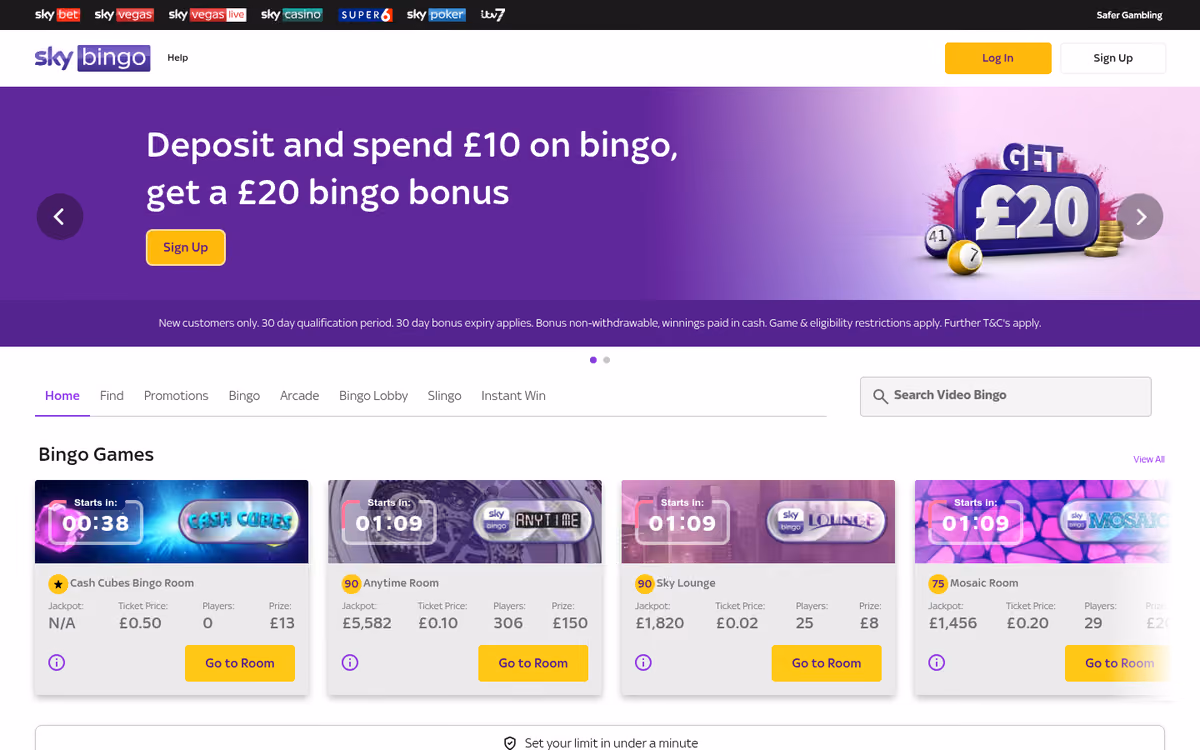 Sky Bingo games lobby showing bingo rooms and Slingo titles