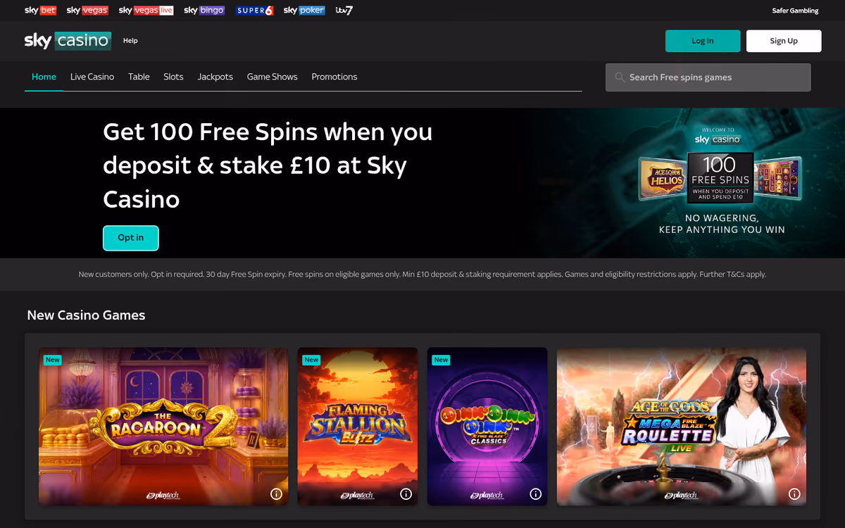 Sky Casino homepage showing the 100 free spins no wagering welcome offer