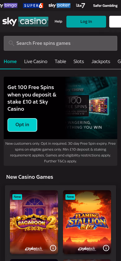 Sky Casino homepage on mobile showing the free spins offer