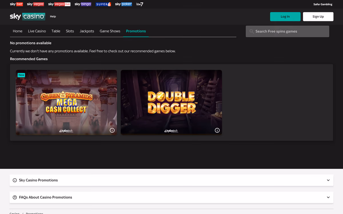 Sky Casino promotions page showing current offers and qualification terms