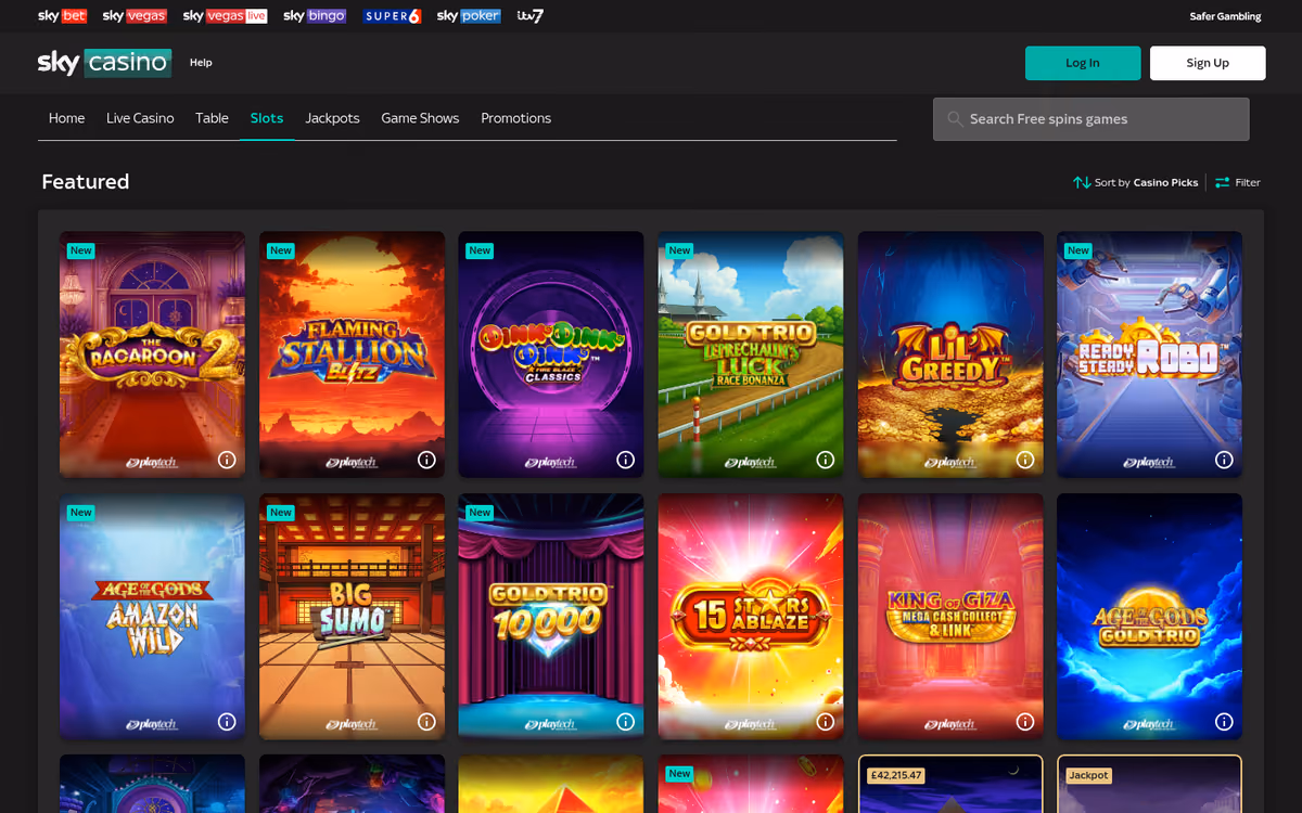 Sky Casino slots lobby showing a Playtech-weighted game selection