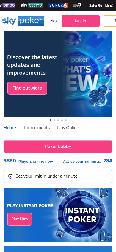 Sky Poker homepage on mobile showing the poker lobby entry point