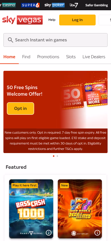 Sky Vegas homepage on mobile showing the welcome offer and game categories