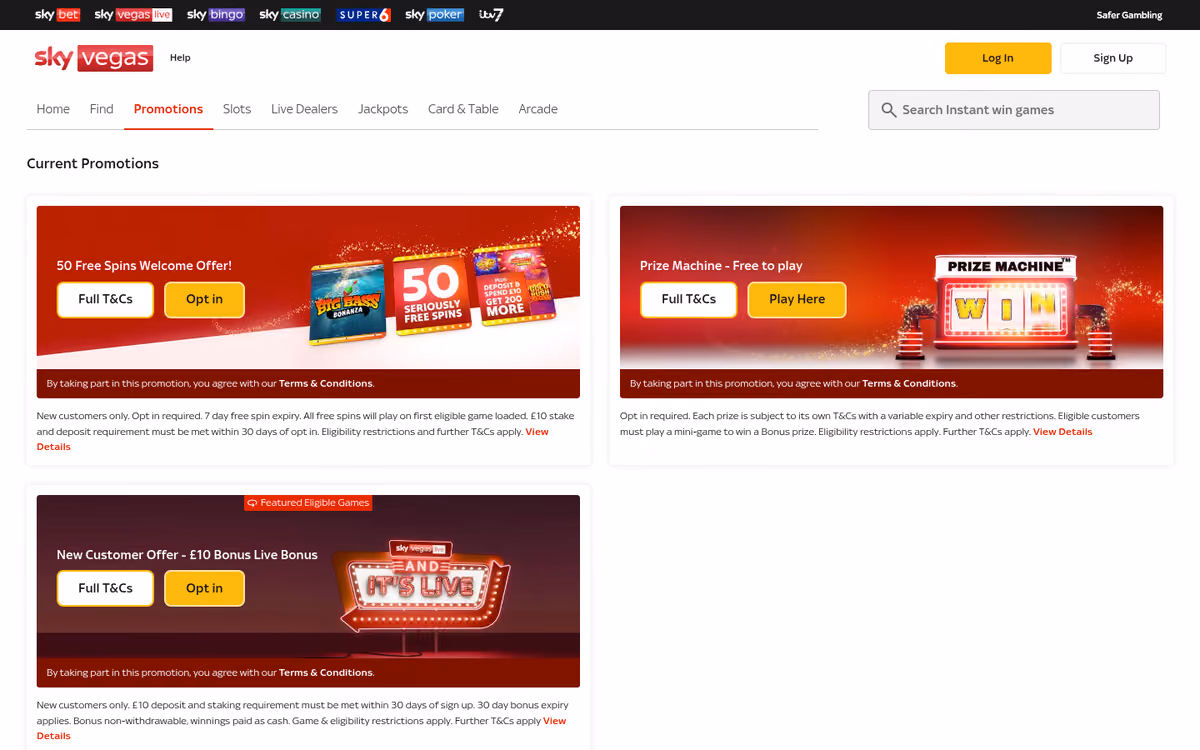 Sky Vegas promotions page showing current offers and their qualification terms