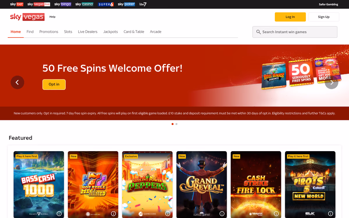 Sky Vegas slots lobby showing game tiles labelled Play it here first and Exclusive