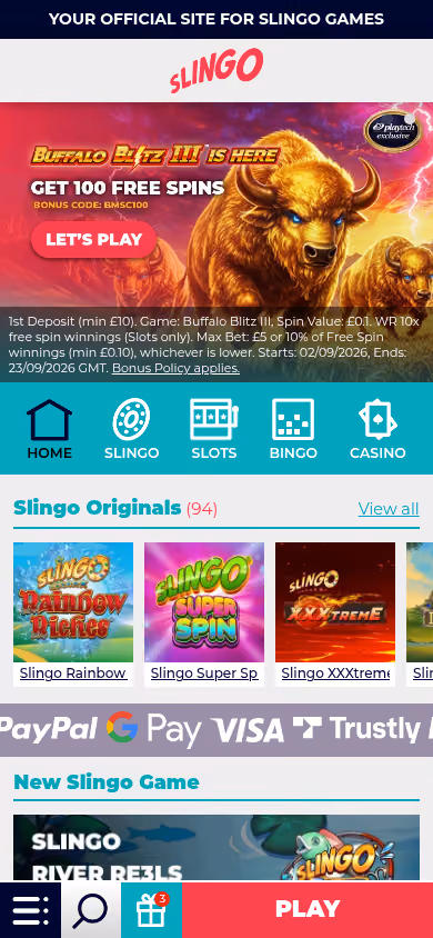 Slingo mobile homepage at a 390 by 844 viewport