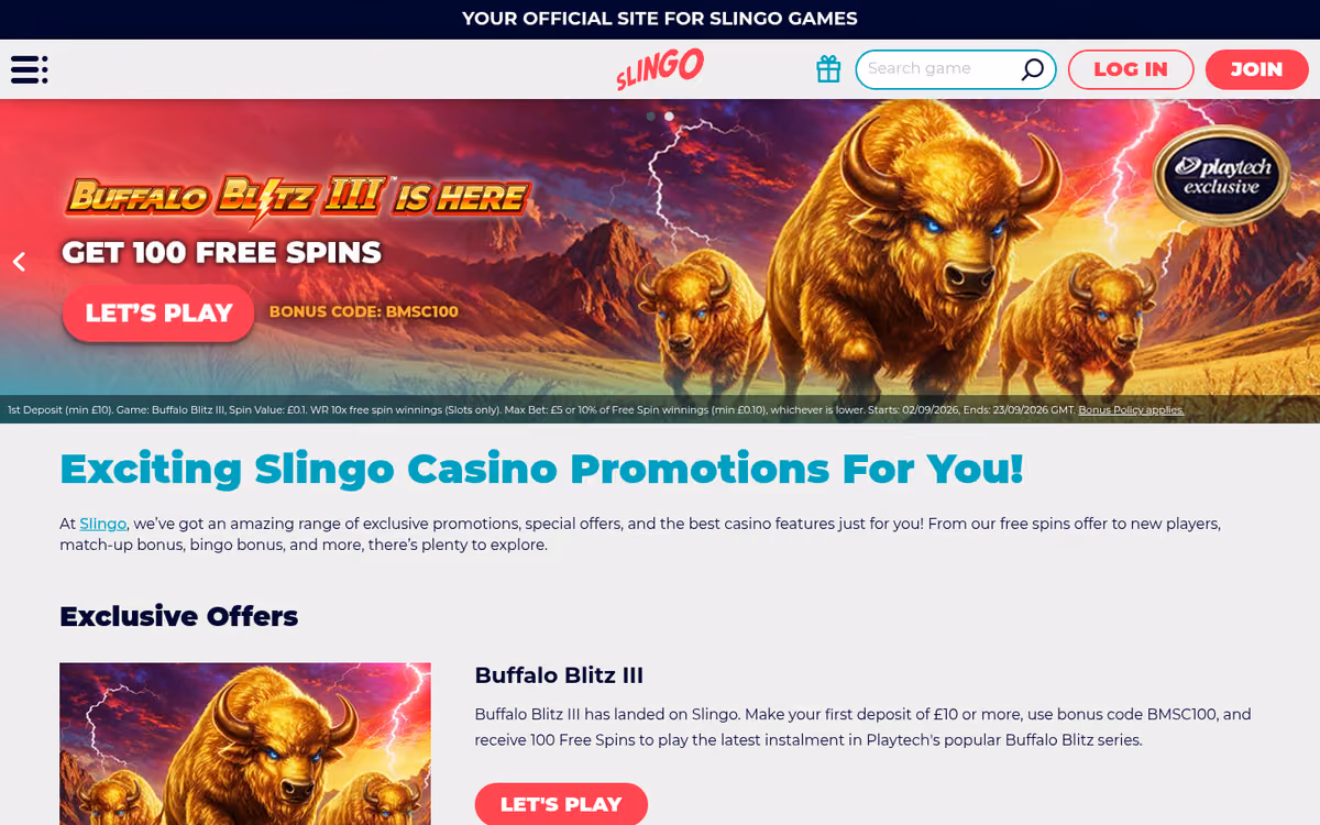 Slingo casino promotions page showing the welcome offer and its bonus code