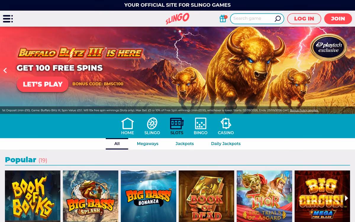 Slingo slots lobby showing Slingo Rainbow Riches, Slingo XXXtreme and Slingo DaVinci Diamonds