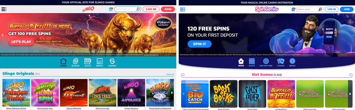 Slingo sister sites proof: Slingo beside Spin Genie, two Skill On Net brands sharing a legal template