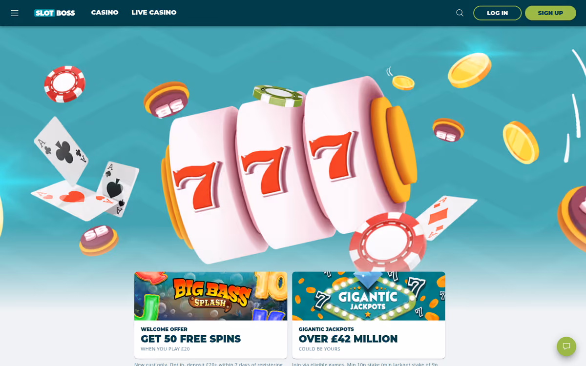 Slot Boss homepage showing the Casino, Live Casino navigation and welcome offer