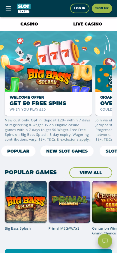 Slot Boss homepage on mobile showing the responsive layout