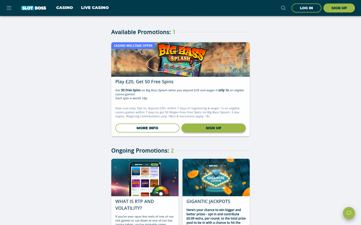 Slot Boss promotions page showing 50 free spins on big bass splash
