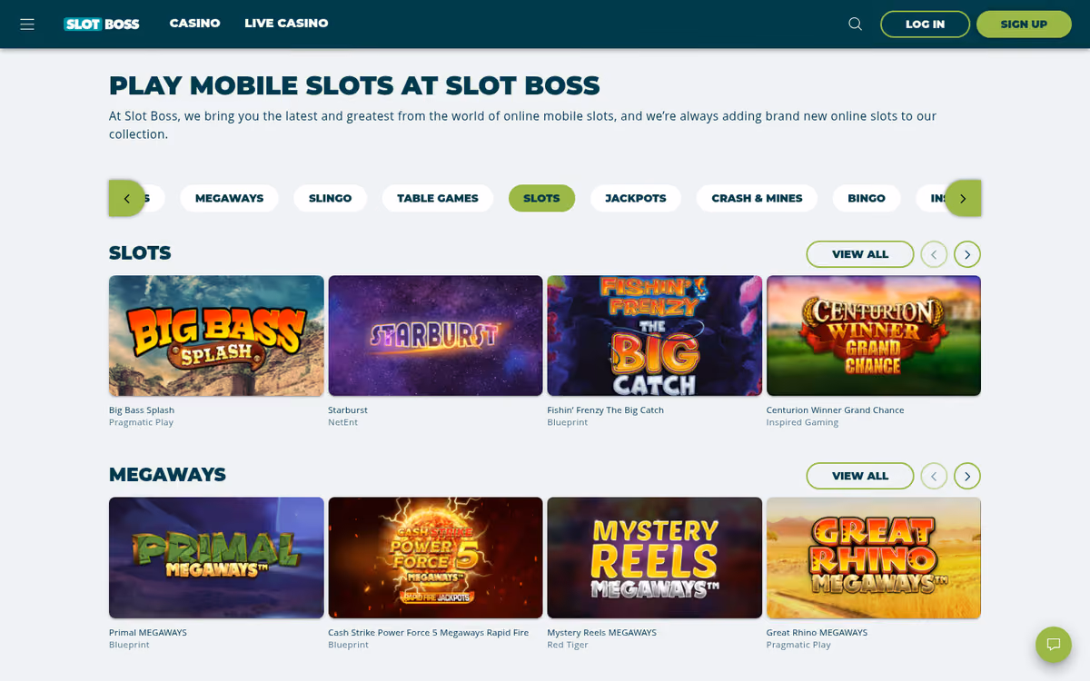 Slot Boss slots page showing the game library