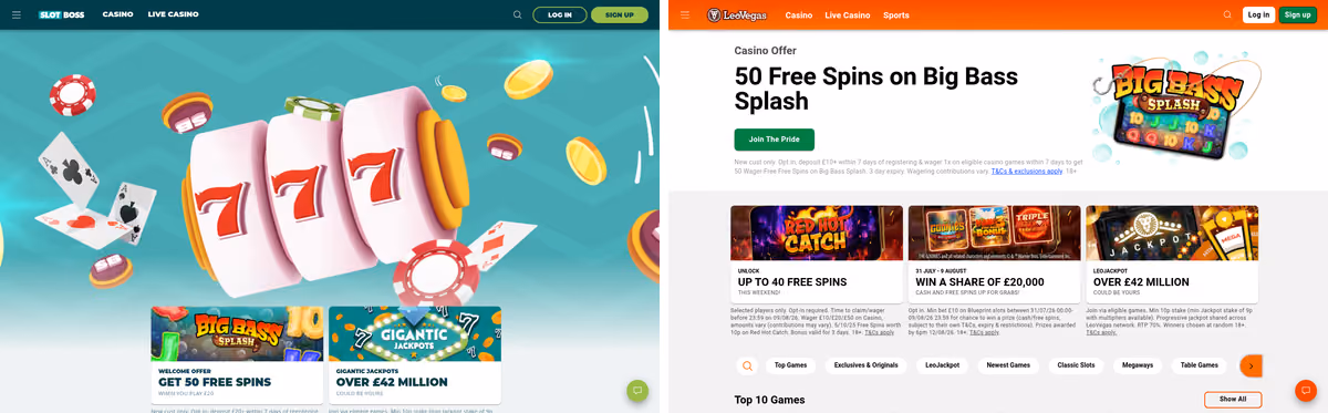 Slot Boss and LeoVegas homepages side by side showing the shared LeoVegas Group platform