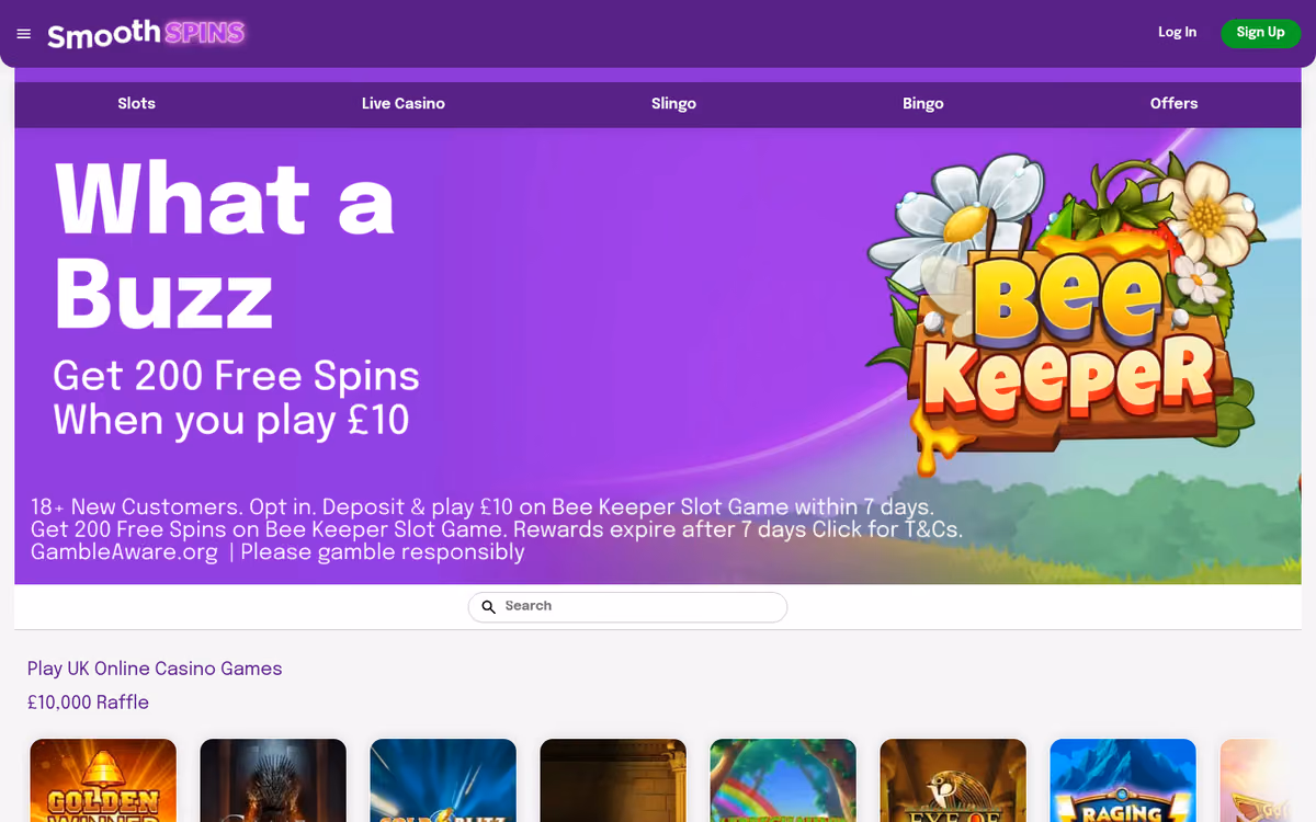 Smooth Spins sister sites evidence: the smoothspins.co.uk homepage from a UK connection showing the free spins welcome