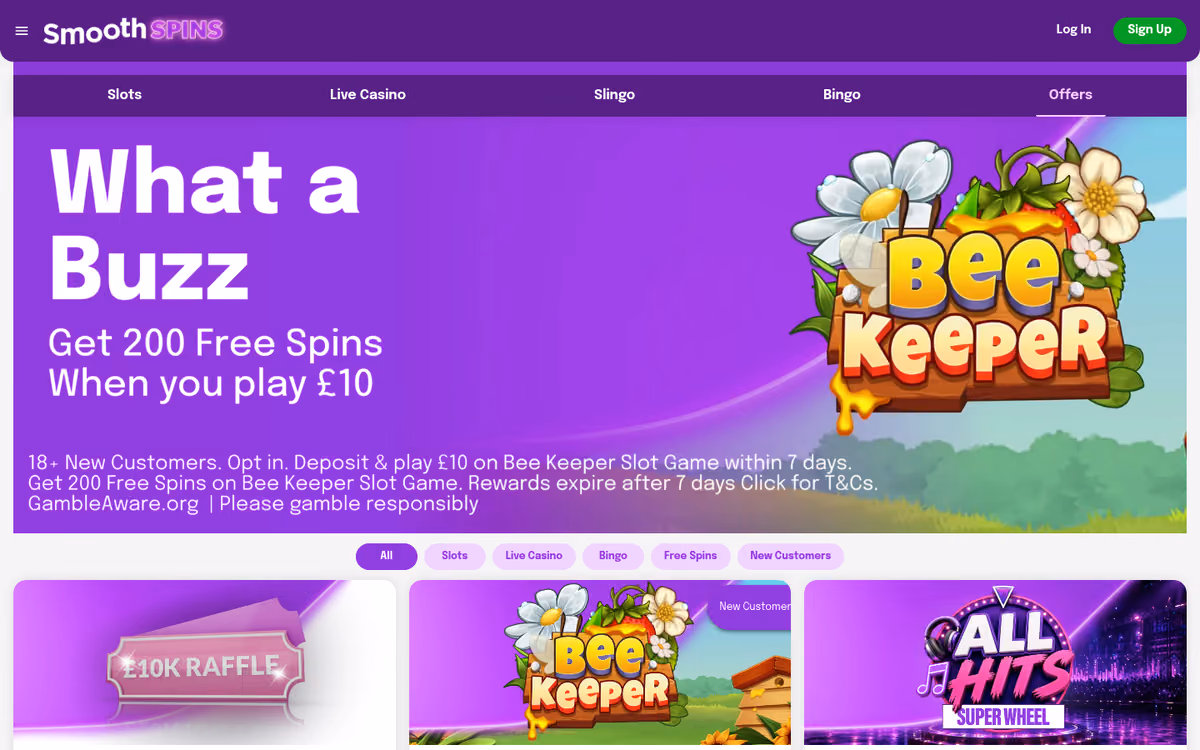 Smooth Spins offers page showing the 200 free spins welcome on Bee Keeper