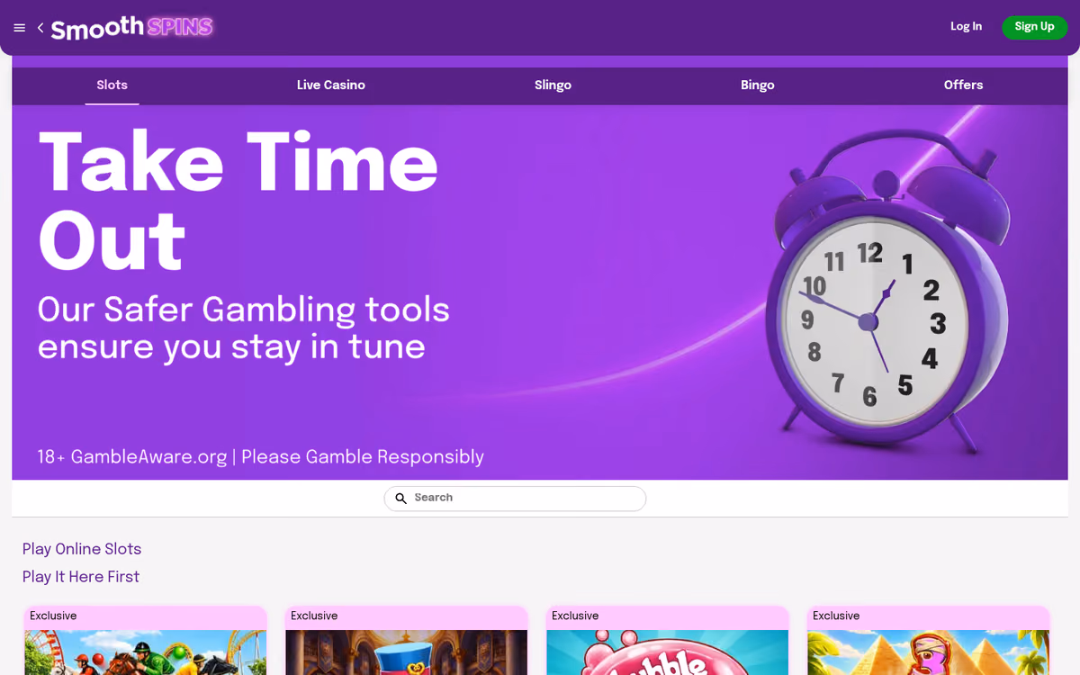 Smooth Spins slots lobby with Megaways and Slingo categories
