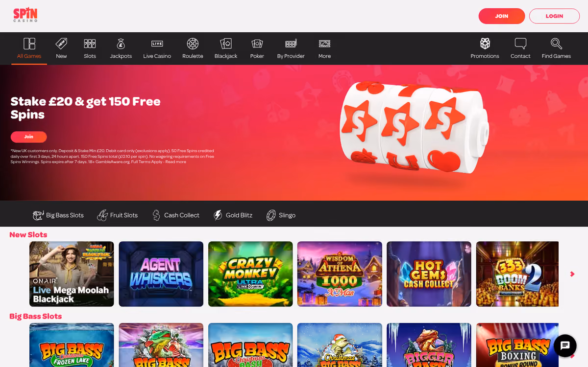 Spin Casino homepage showing the group casino platform navigation