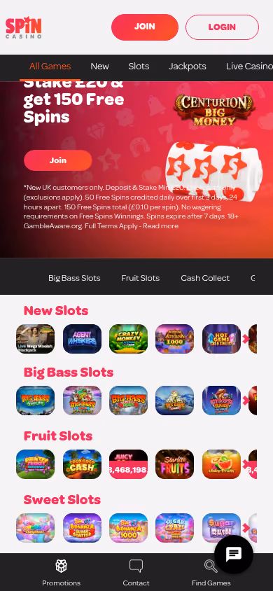 Spin Casino homepage on mobile at 390 pixels wide